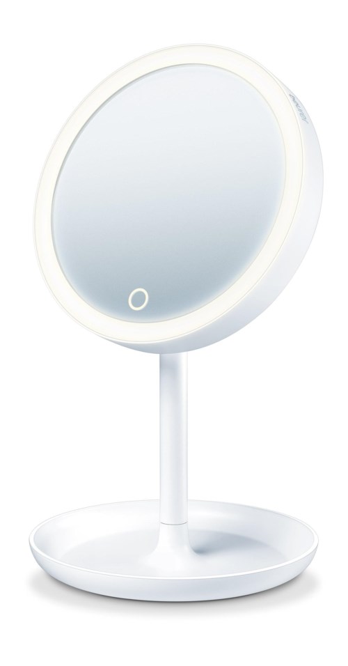 Een ronde spiegel op een standaard met een kleine cirkelknop en een verlichte rand rondom de spiegel.