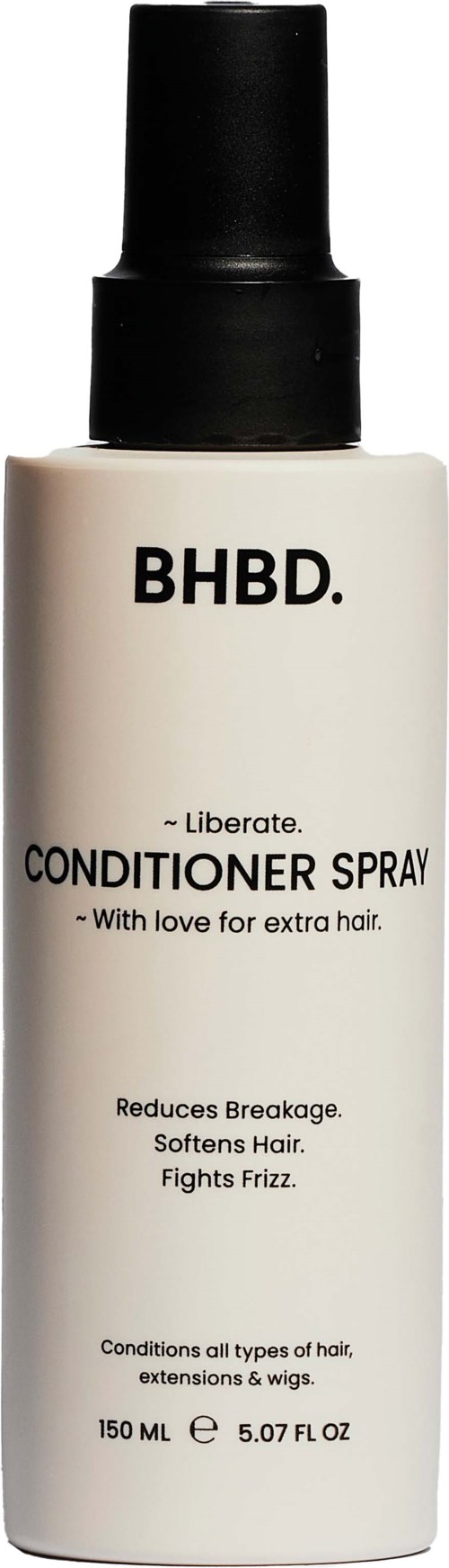 Conditioner spray bottle, white with black cap, promotes soft, frizz-free hair and reduces breakage.