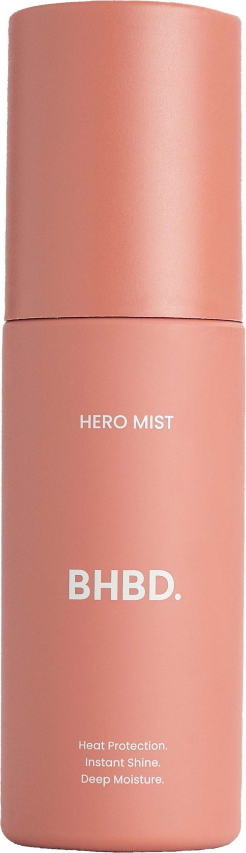 A pink cylindrical bottle with white text, advertising a skincare product called Hero Mist by BHBD.