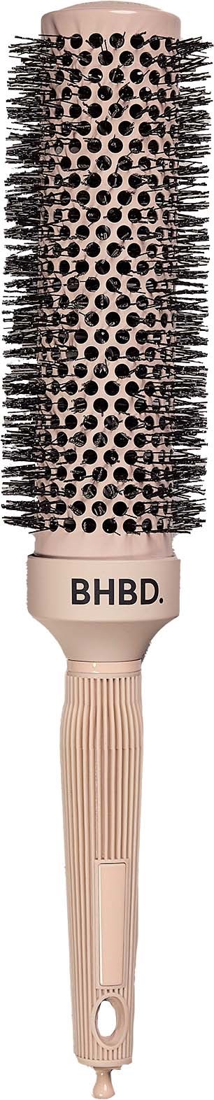 A round hairbrush with bristles and a beige handle, with black dots on the brush part and 'BHBD' written.