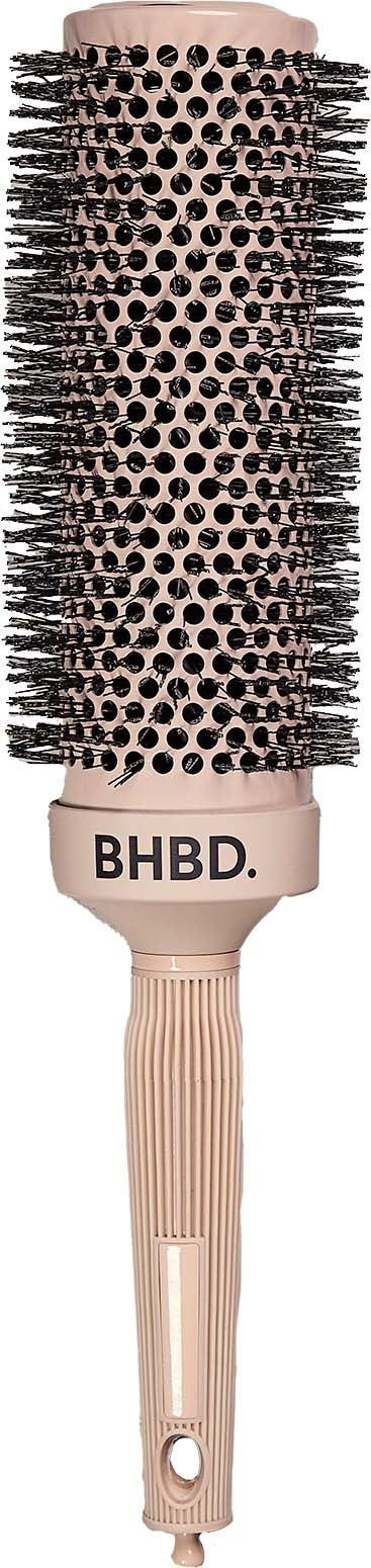 A round hairbrush with a beige handle and black brush bristles, labeled BHBD.
