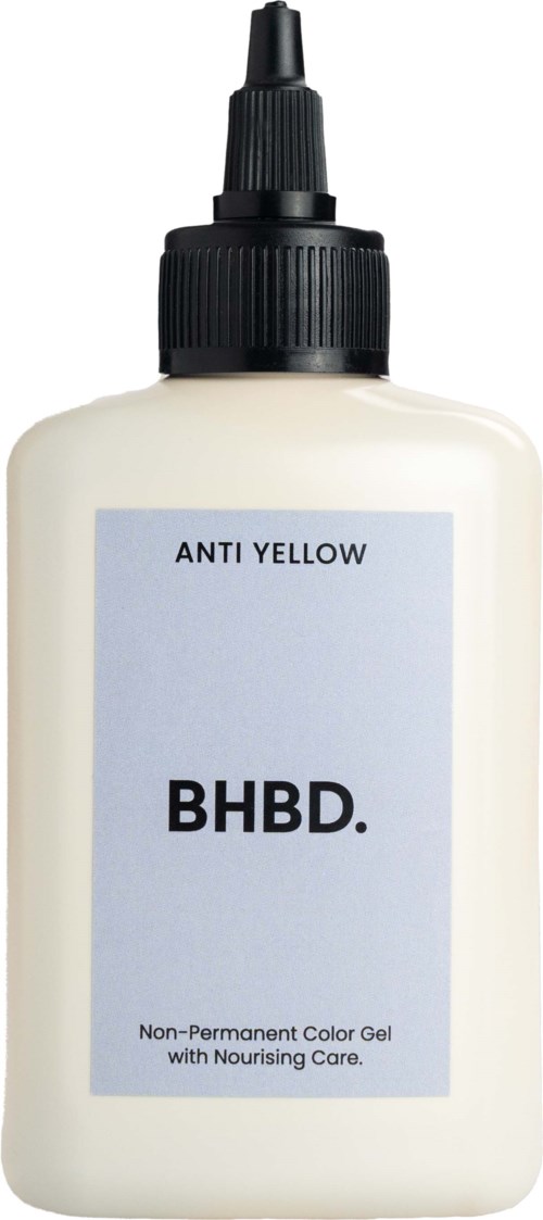 A white bottle with a black nozzle and label that says 'ANTI YELLOW BHBD.' Non-permanent hair color gel.
