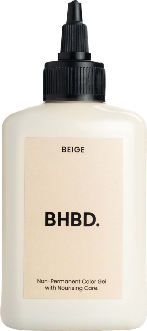 A white bottle with a black nozzle, labeled "BEIGE" and "BHBD." for nourishing color gel. Simple design.