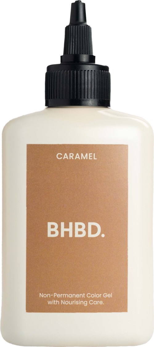 Cream bottle with a brown label that says "CARAMEL BHBD." and describes it as a non-permanent color gel.