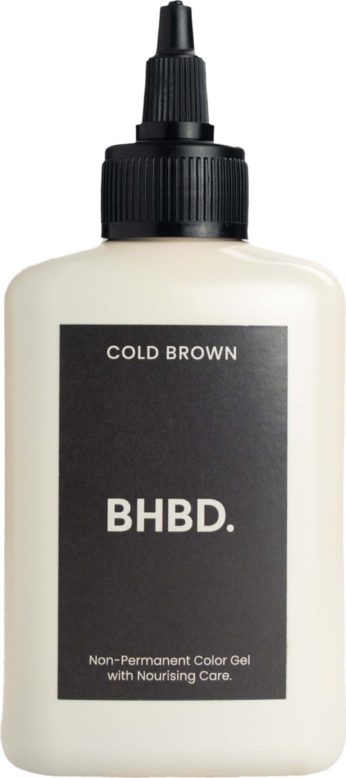A white bottle with a black label and black cap, labeled 'Cold Brown' and 'BHBD.' for coloring gel.