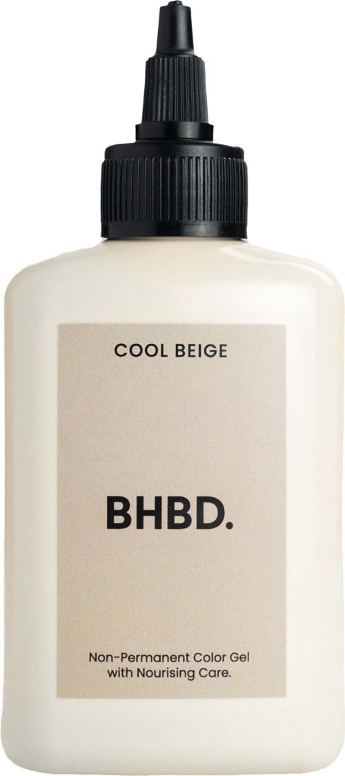 A bottle with a black nozzle, labeled 'Cool Beige' and 'BHBD', used for applying color gel makeup.