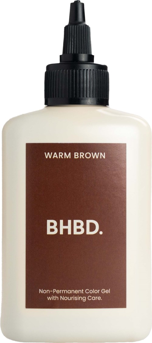 A white bottle with a black nozzle, labeled 'Warm Brown' for color gel, with the brand name BHBD.