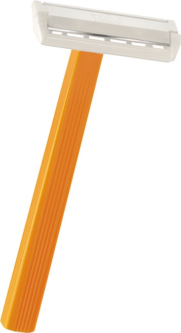 Rasierklinge mit weißem Klingenkopf und orangem Griff.