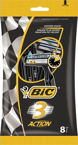 Verpackung von BIC Rasierklingen, zeigt einen schwarzen Rasierer mit Zahlen und blauen Schnittlinien, mit gelben Akzenten.