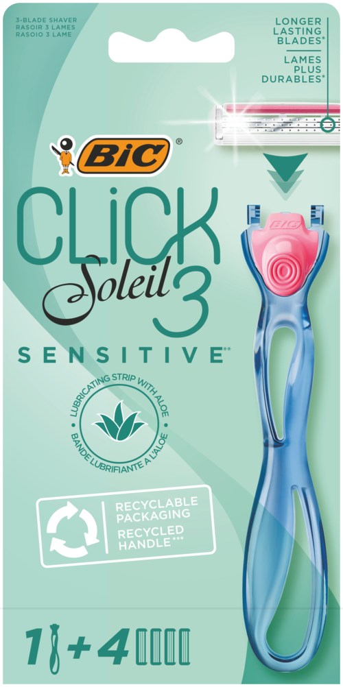Verpackung für einen BIC Sensitive Rasierer mit blau-griffligem Griff und rosa Rasierklingen.