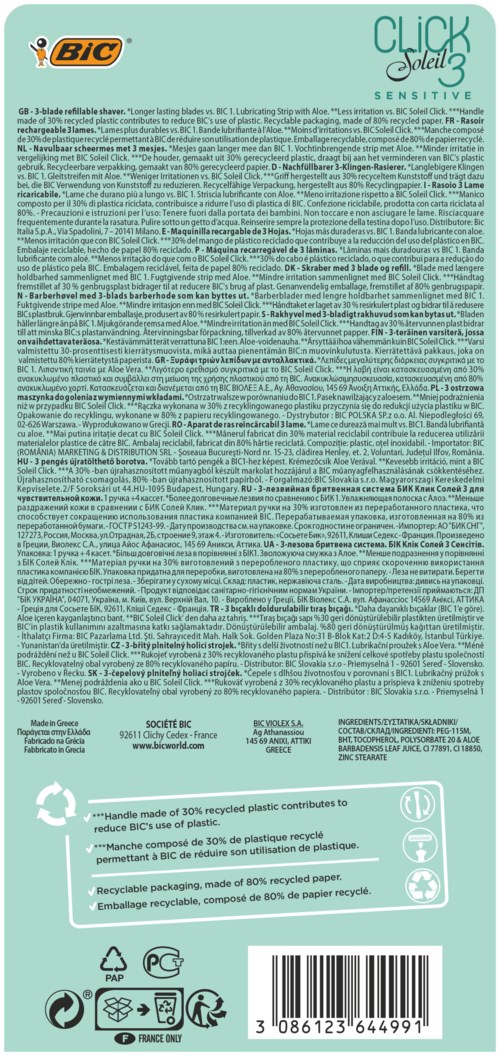 Verpackung von BIC Click-Stiften, hauptsächlich türkisfarben mit Text und Symbolen, enthält Recycling- und Recyclingverpackungsinformationen.