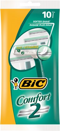 Bic Comfort 2 Rasierer mit grüner und gelber Verpackung, zeigt eine Nahaufnahme der Klinge und des Griffs.