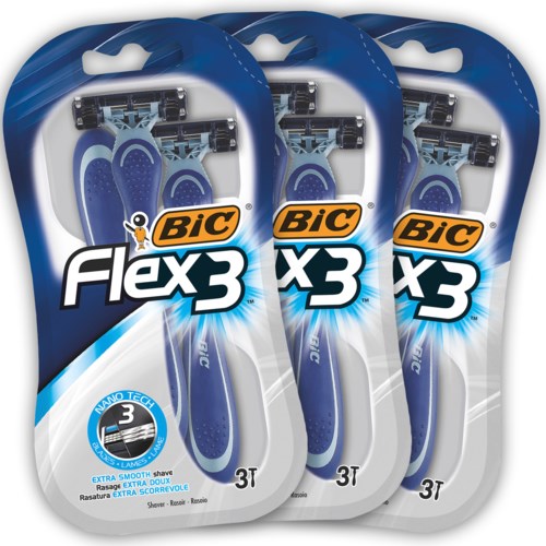Drei Packungen BIC Flex3 Rasierer, jede mit drei Rasierern mit blauen und schwarzen Griffen.