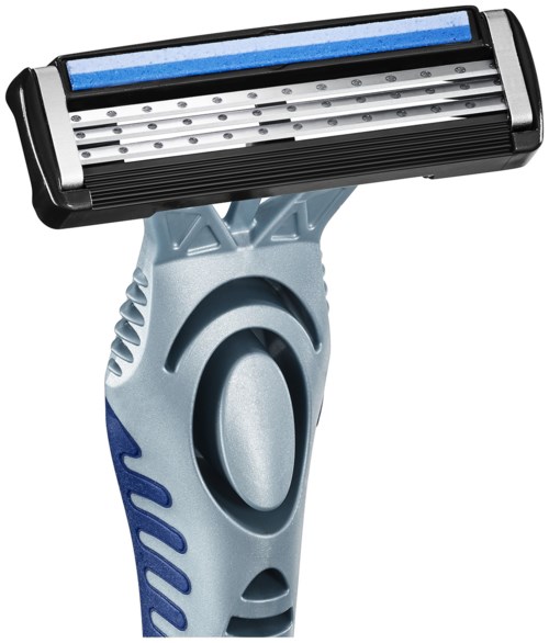 Rasierapparat mit blau und grau Griff und Doppelkopf.