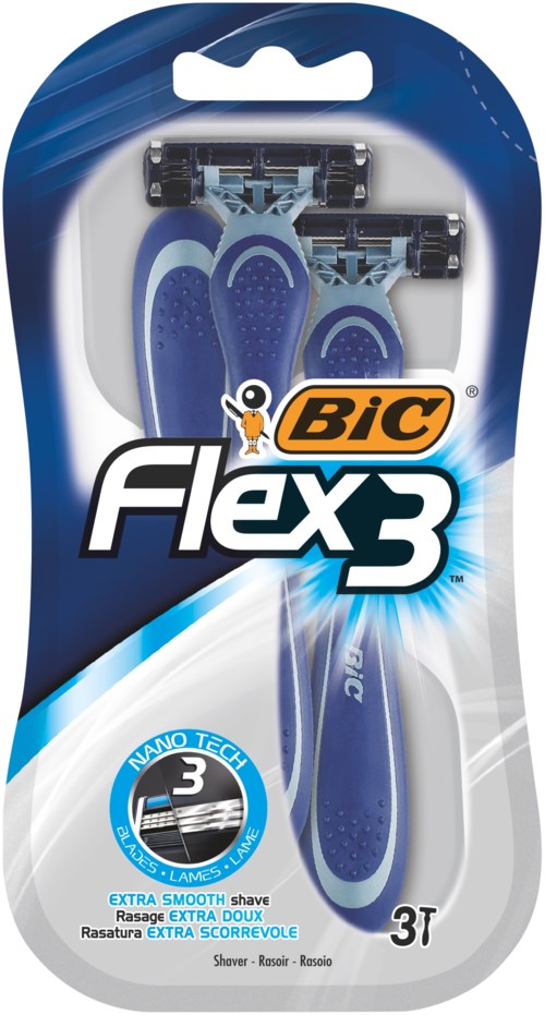 Drei blaue Rasierer mit schwarzen Griffen in Verpackung, gekennzeichnet BIC Flex3, mit 'extra smooth' Rasierer.