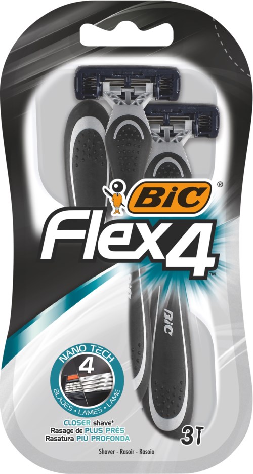 Bic Flex 4 Rasierer mit vier Klingen, schwarzer und grauer Griff, Verpackung zeigt für enge, tiefe Rasuren.