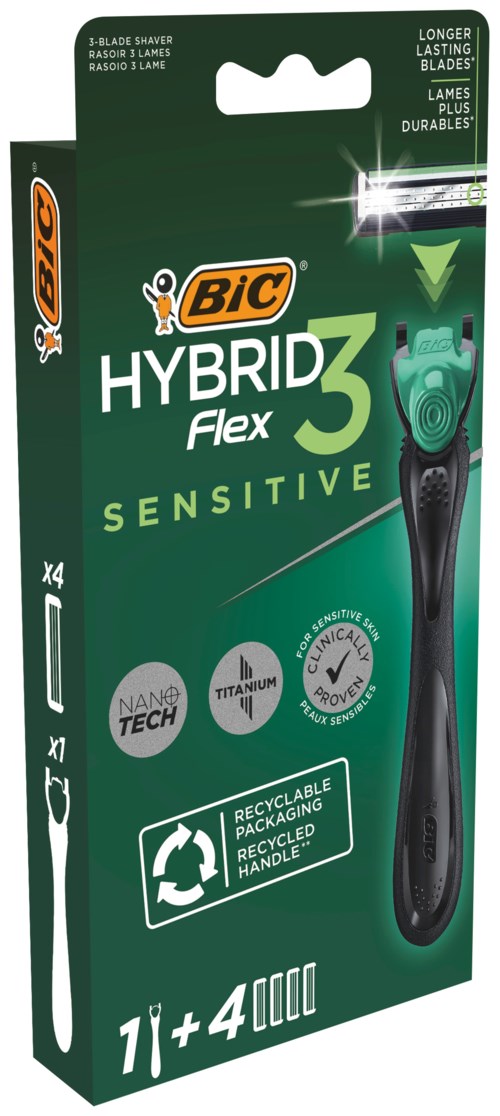 Eine Packung Bic Hybrid Flex 3 Sensitive Rasierer, zeigt Rasierer und Griff, mit Recycling-Symbolen.