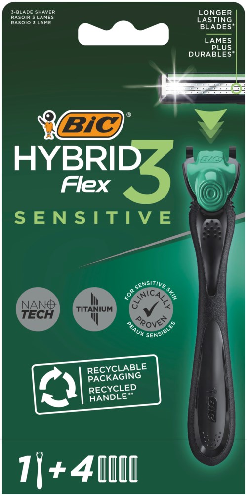 Eine grüne Packung BIC Hybrid Flex 3 Sensitive Rasierer, zeigt einen Rasierer mit flexiblem Griff und 4 Klingen.
