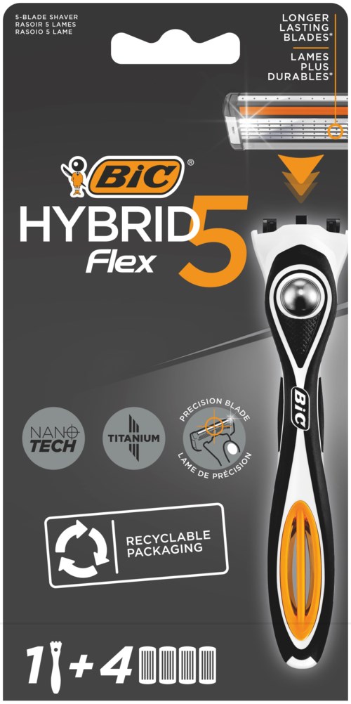 Verpackung für einen BIC Hybrid Flex 5 Rasierer mit Merkmalen wie Titanklingen und umweltfreundlicher Verpackung.