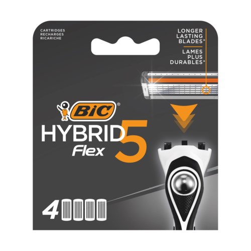 Eine Packung BIC Hybrid Flex 5 Rasierklingen mit 4 Klingen für langlebiges, glattes Rasieren.