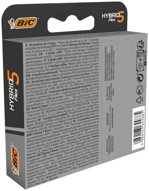 Ein BIC Hybrid Flex 5 Rasierer-Packung mit Produktinformationen und Recycling-Symbolen.