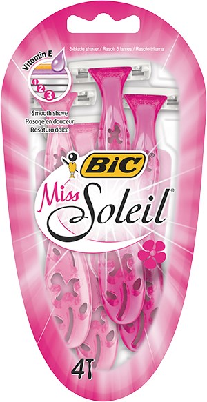 Pinkfarbige Rasierklingen mit Blumen- und Blattdesign, BIC-Logo und Miss Soleil Branding auf rosa Verpackung.