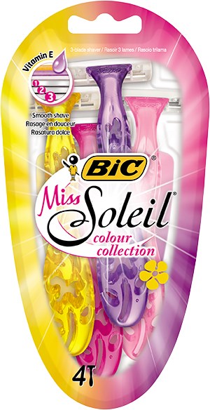 Set bunter farbiger Einwegrasierer, darunter gelb, lila und pink, mit Vitamin E-Aufkleber und einer kleinen gelben Blume.