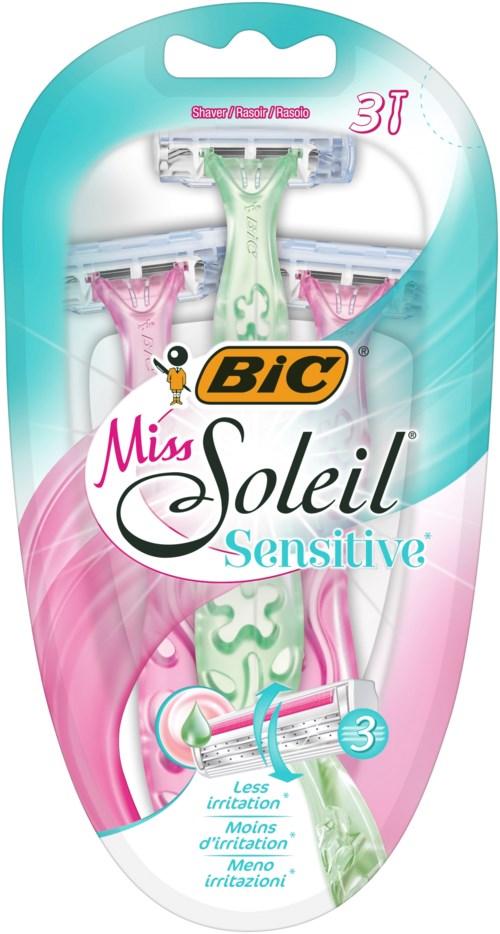 Eine Packung BIC Miss Soleil Sensitive Rasierer mit drei Klingen, für Frauen, in Pink und Grün.