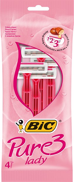 BIC Pure 3 Lady Rasierer in rosa Verpackung, drei Rasierer mit pinken Griffen, für Frauen.