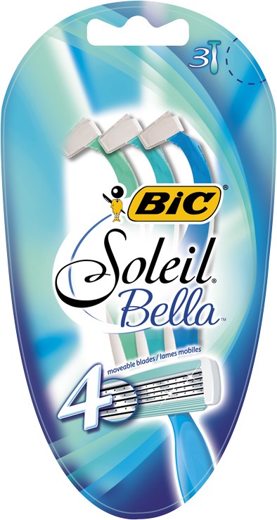 BIC Soleil Bella Rasierklingen in Kunststoffverpackung mit blauer und weißer Gestaltung und vier Klingen.