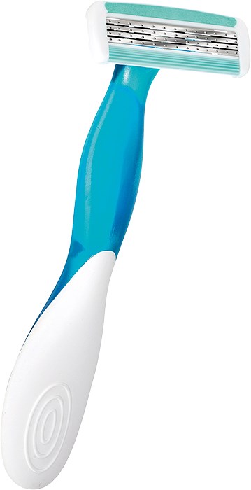 Ein blauer und weißer Rasierer mit modernem Design, mit breitem Rasierkopf und gebogenem Griff.