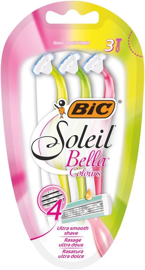 Drei Nassrasierer mit bunten Griffeln in Pink, Gelb und Grün. Die Verpackung ist pink und gelb mit Markenlogo.