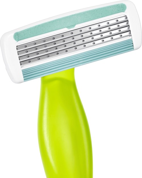 Rasierapparat mit grünem Griff und Mehrschichtklinge, zum Rasieren von Haaren.