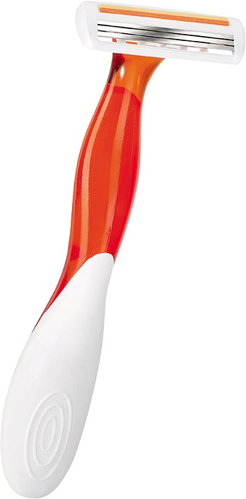 Rasierset mit weißem Griff und orangeem Kopf, zum Rasieren.