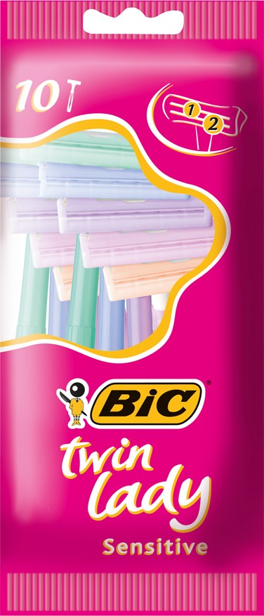 Kleine bunte Stifte für empfindliche Haut, zehn in einer pinkfarbenen Verpackung, mit Gebrauchsanweisung.