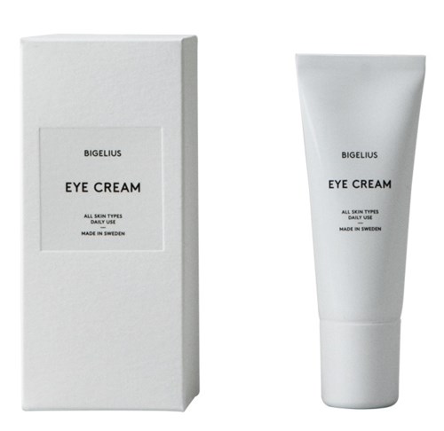 En vit låda och en vit tub med ögonkräm, båda märkta 'Bigeliu Eye Cream,' tillverkad i Sverige.