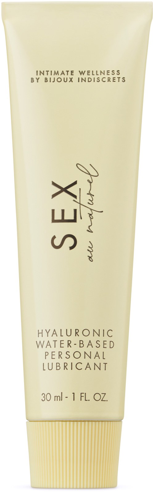 Eine Tube mit Gleitmittel, beschriftet 'Sex and Nature' mit 30 ml Inhalt, in beige und cremefarbenem Design.