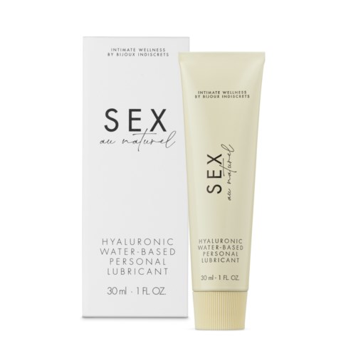 Eine Tube und eine Verpackung mit Gleitmittel, beschriftet 'SEX au naturel, Hyaluron, wasserbasiert.'