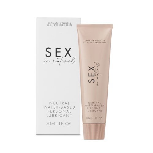 Ein rosa Tube und weiße Verpackung mit Gleitmittel gekennzeichnet "SEX au naturel" für wasserbasierte Anwendung.