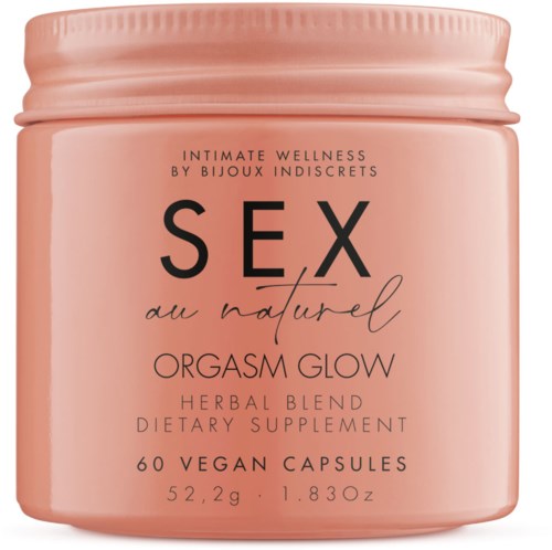 Pink container holding vegan capsules for herbal supplement, labeled 'Sex au naturel, Orgasm Glow, dietary supplement.'