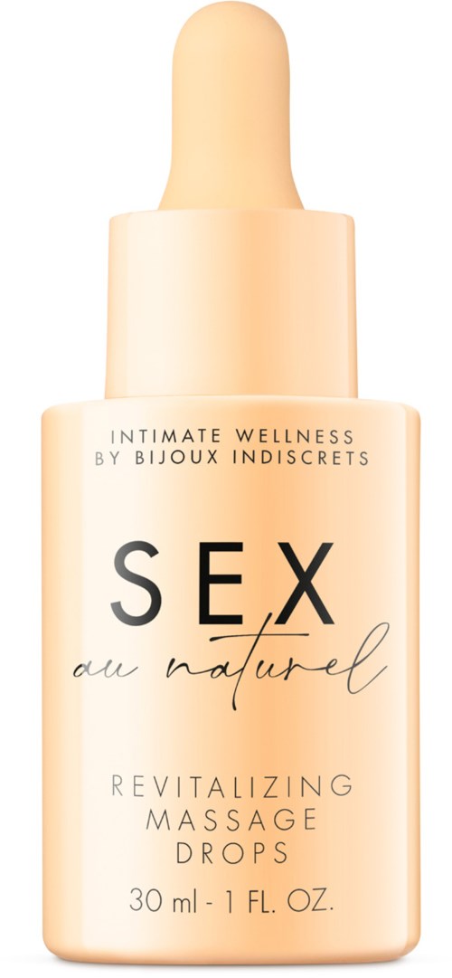 Eine Flasche mit revitalisierenden Massage-Tropfen, beschriftet 'SEX au naturel' mit Pipette.