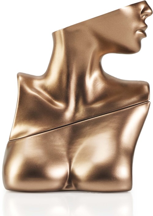 Een metalen, goudkleurige bust of een vrouw van de schouders omhoog, toont een haarloze nek en deel van het gezicht in profiel.