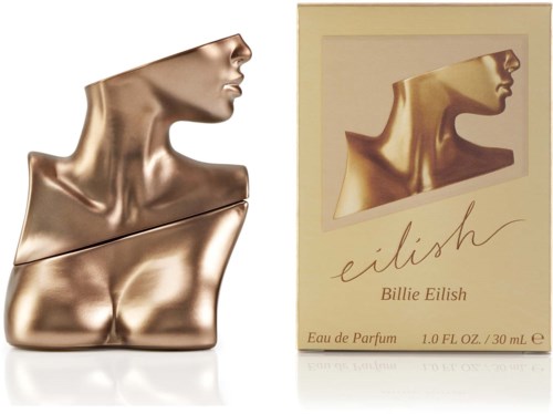 Een parfumfles en doos in de vorm van een gouden hals en schouder, met de naam 'eilish' door Billie Eilish.