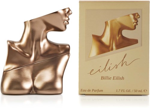 Een glanzende, goudkleurige bust van een vrouw en een doos met hetzelfde beeld en de naam 'Eilish'.