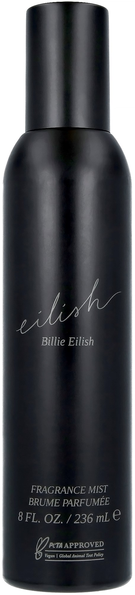 Een zwarte parfumfles met witte tekst, gelabeld Billie Eilish, geurmist, 8 oz.