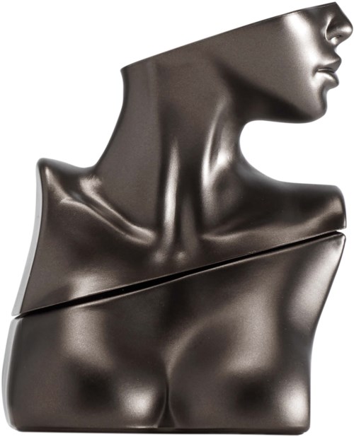 Een glanzende zwarte sculptuur van een vrouwenhals, schouders en een deel van het gezicht, in tweeën gesneden.