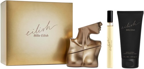 Eilish perfume set with a box, a perfume bottle, a body lotion tube, and a golden bust display.