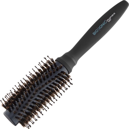 Eine runde Bürste mit Borsten und schwarzem Griff, gekennzeichnet 'BIO:ionic' für Haarstyling.