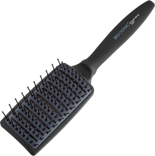 Eine schwarze Haarbürste mit Griff und vielen dünnen Metallborsten. Der Griff hat blauen Text.
