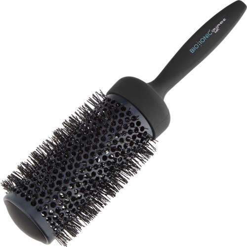 Eine schwarze runde Bürste mit vielen kleinen Borsten und einem Griff mit der Aufschrift 'BIO IONIC'.
